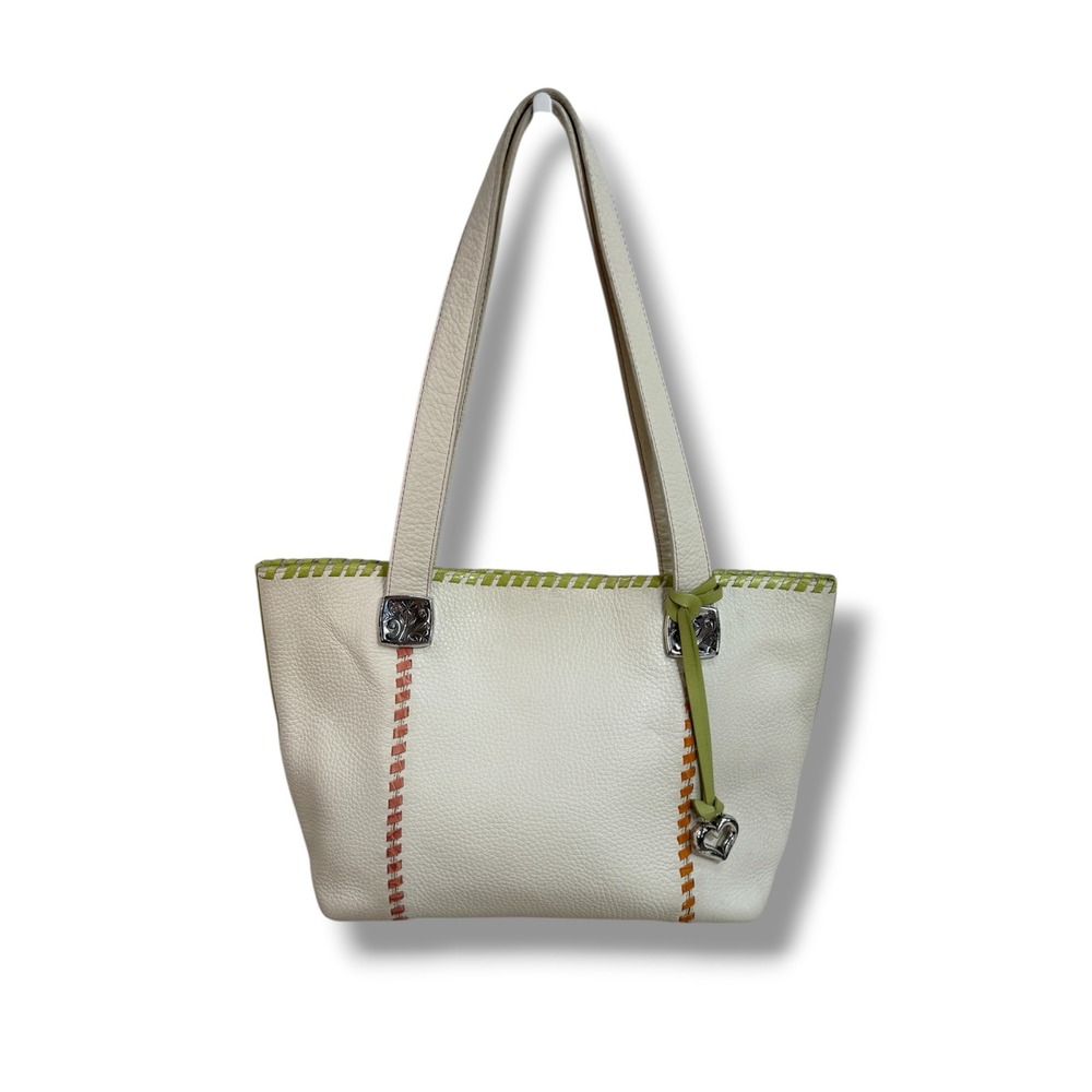 Brighton Off White Pebbled Leather Tote Multi Color Whipstitch Shoulder Bag Y2K